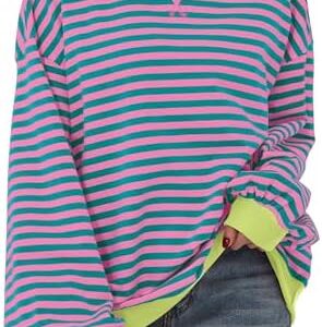 Womens Oversized Striped Sweatshirt Color Block Long Sleeve Shirt Crewneck Pullover Striped Sweater Y2k Clothes