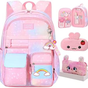 Rainbow Backpack For Girls Kids,Cute Student School Backpack With Pen Bag,Aesthetic Starry Rainbow Laptop Travel Bag