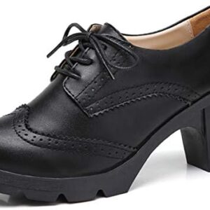 DADAWEN Women's Leather Classic Lace Up Platform Chunky Mid-Heel Square Toe Oxfords Dress Pump Shoes