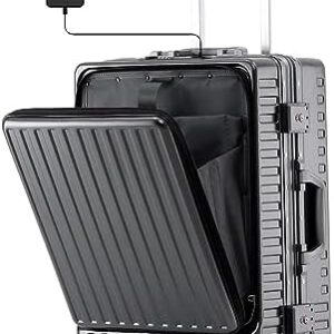 Airline Approved Carry On Luggage With Front Pocket,20 Inch Aluminum Frame Luggage With Usb Charging Port,Pc Hard Case Travel Suitcase With Spinner Wheels And Tsa Lock（Grey）