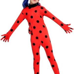 Kids Cosplay Jumpsuit Halloween Little Ladybug Costume Ladybug Dress Costume for Girls with wig,Bag，Eyemask