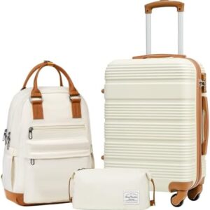 LONG VACATION Luggage Set 20 IN Carry on Suitcase ABS Handshell Luggage 3 Piece Set with TSA Lock Spinner Wheels (3 piece set (BP), WHITE-BROWN)