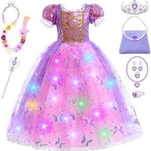 10pcs Girls Rapunzel Dress Costume Light Up Kids Toddler Princess Dress Up with LED Wig Wand Crown Halloween Gifts